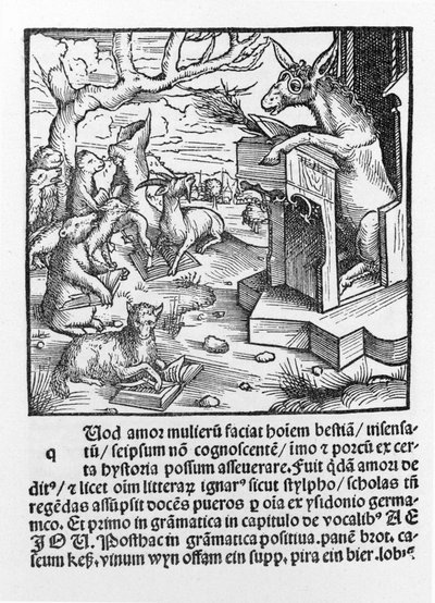 Tysk inkunabel, der forestiller et æsel, der underviser en klasse af skovdyr. 1490. af Unknown artist