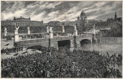 Tyske arbejdere, der gør optøjer i Berlin, bliver ryddet væk af politiet for at tillade Kaiser Wilhelms passage af Unknown artist