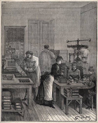 Forgyldning af bøger (omslag) i jern på et værksted i Frankrig i 1800-tallet. Indgravering fra 1885 i "" Les arts et metiers illustres"" af Adolphe BITARD. af Unknown artist