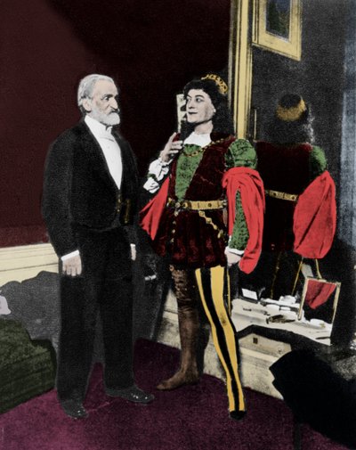 Giuseppe Verdi og Victor Maurel (i Iago) i februar 1887 på Scala i Milano efter premieren på Otello. af Unknown artist