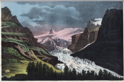 Glacier de Grindelwald i Schweiz - Schweiz, Grindelwald-gletsjeren i det 19. århundrede - indgravering fra "" Skikke og traditioner for alle mennesker i universet. Det er historien om regeringen, lovene, militsen, om religionen fra alle nationerne af Unknown artist