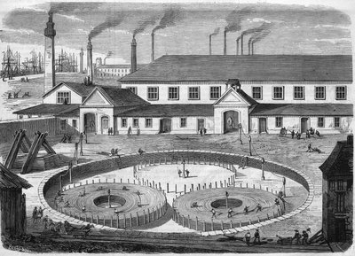 Glas Eiliot el-kabelfabrik i Greenwich. Vikle kablet i bassinerne før transport på skibet "" leviathanen"". Stik fra 1865. af Unknown artist