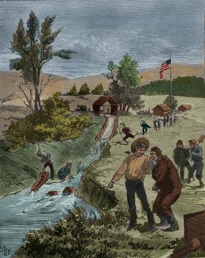 Gold Rush: Guldsøgende i Californien vasker grus i et vandløb med en sigte, etablering af kaptajn Sutter. Indgravering fra 1885 i "" Les arts et metiers illustres"" af Adolphe BITARD. af Unknown artist