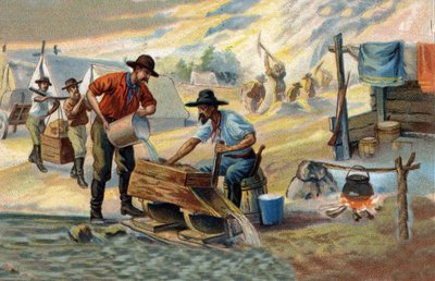 Guldsøgende: metode til at vaske indfødt guld, der er adskilt fra sten og sand. Kromolitografi i slutningen af det 19. århundrede. af Unknown artist