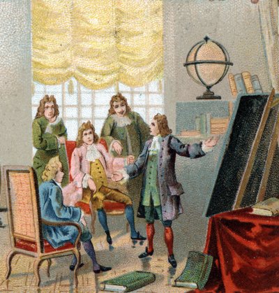 Gottfried Wilhelm Leibniz (1646-1716), tysk filosof og matematiker; demonstrerer sine teorier om differentialberegning. Kromolitografi, slutningen af 1800-tallet. af Unknown artist