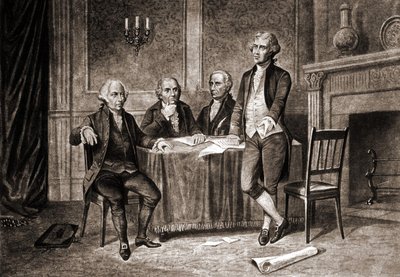 Guvernør Morris (1752-1816), med Adams, Hamilton og Jefferson. af Unknown artist