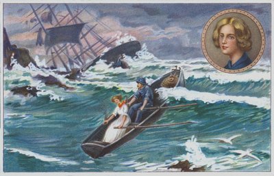 Grace Darling ror ud med sin far for at redde overlevende fra det skibbrudne skib "Forfarshire" i 1838. (chromolitho) af Unknown artist