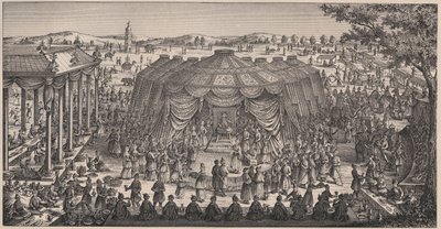 Grand Banket givet af Tamerlan (1336-1405) (eller Timur Lang, "Timur den lamme") på Khani Gheul-sletten for at fejre hans børnebørns bryllup - Gravering 1800-tallet af Unknown artist
