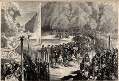 Stort magasin af 14. august: Kejser Napoleon III (1808-1873), efterfulgt af hans stab krydser Tuileriehaven i Paris. Hans søn, den kejserlige prins Eugene Louis Joseph (1856-1879), er på hans højre side. Indgravering i "The Universe illustrious" af Unknown artist
