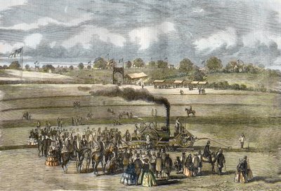 Storbritannien: Landbrug, pløjescene. Boydell dampplov nær Louth i 1854. (damppløjning med Boydells motor nær Louth). af Unknown artist