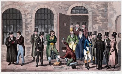 Storbritanniens fængsel: En dødsdom er knyttet til Newgate-fængslet i London (ofte omtalt i Charles Dickens romaner). Stik omkring 1823. Bilbioteket for dekorativ kunst. af Unknown artist