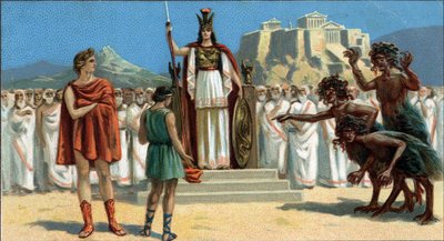 Store græske tragedier: "The Orestia"" af Aischylus. Oreste dukkede op for Areopage eller Højesteret i Athen, ledet af gudinden Pallas Athene eller Minerva, assisteret af Apollo. Til højre ses Eumenides (de tre furier). Orestie er fraværende af Unknown artist