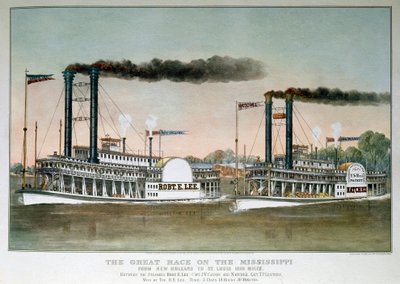 Great Steamboat Race på Mississippi-floden, fra New Orleans til Saint Louis (tryk fra 1800-tallet) af Unknown artist