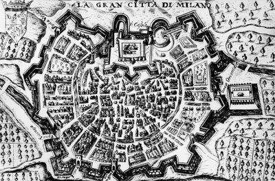 Store by Milano, gravering af kort over Milano, Italien af Unknown artist