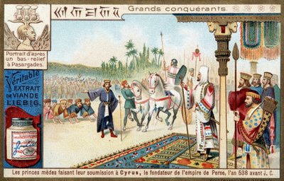 Store erobrere: Medernes fyrster underkastede sig Kyros II den Store (559-529 f.Kr.), grundlæggeren af det persiske imperium i 538 f.Kr. - Liebig-kromolitografi af Unknown artist