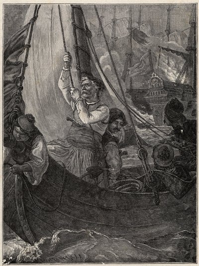 Græsk uafhængighedskrig 1821 - 1829: Konstantin (Konstantin) Kanaris (Konstantinos Canaris) brænder flagskibet for den tyrkiske flåde før Chios af Unknown artist