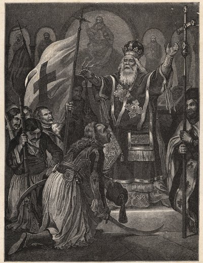 Græsk uafhængighedskrig 1821 - 1829: biskop Germanos (Germain) III af Old Patras (Georgios Gotzias) velsigner flaget for kampen for frihed, Agia Lavra kloster (Sainte Laure du Peloponnese), 21. marts 1821 - gravering efter maling af Unknown artist