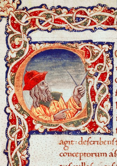 Græsk astronom Claude Ptolemæus (Claudius Ptolemaeus) (omkring 90-omkring 168 e.Kr.) ved hjælp af en comppas til at lave beregninger Miniature taget fra "" Cosmographia"" (Ms. V.F. 32 f.2r) Napoli, Nationalbiblioteket af Unknown artist