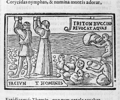 Græsk mytologi: Deucalion og Pyrrha kaster med sten, der føder mennesker efter syndfloden for at befolke Jorden. Xylografi af det 16. århundrede af Unknown artist