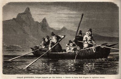 Grønland Umyak, type båd drevet af kvinder. Gravering til illustration af rejsen til det frie hav af den arktiske pol, af Doctor Hayes, kirurg fra den amerikanske flåde, i 1860-1862, offentliggjort i "Le tour du monde, nouveau journal des voyages", rediger af Unknown artist