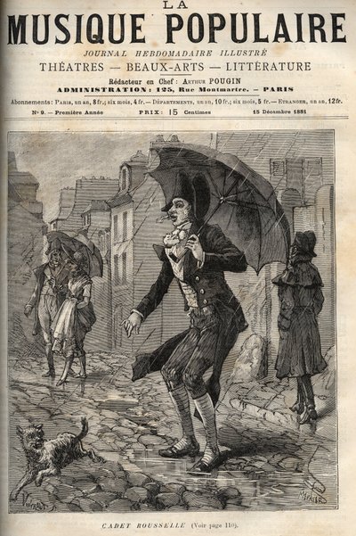 Guillaume Joseph Rousselle (Roussel), kendt som Cadet Rousselle (1743-1807), fransk foged, under regnen i en rue de Paris. indgravering i "Populær musik"" Illustreret ugeavis - 1881 af Unknown artist