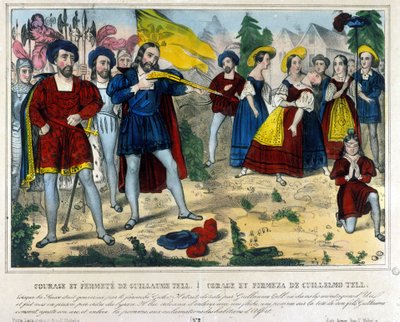 Guillaume Tell (William Tell) (legendarisk helt fra schweizisk uafhængighed). Barbaren Gesler tvinger Guillaume Tell til at fjerne et æble på hans barns hoved med en pil. 1800-tals gravering af Unknown artist