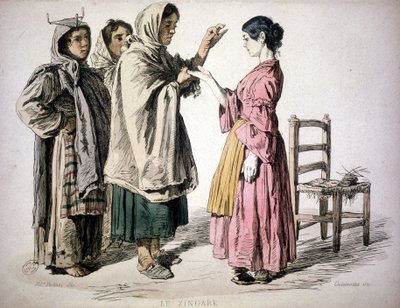 Sigøjnerlæsning i hånden - i "" Skik fra Kongeriget Napoli"", De Bourcard af Unknown artist