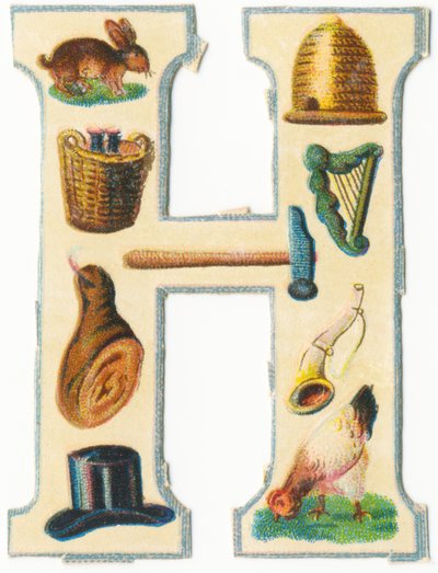 H: hare, bikube, høstkurv, harpe, hammer, skinke, horn, hat, høne (farve litho) af Unknown artist