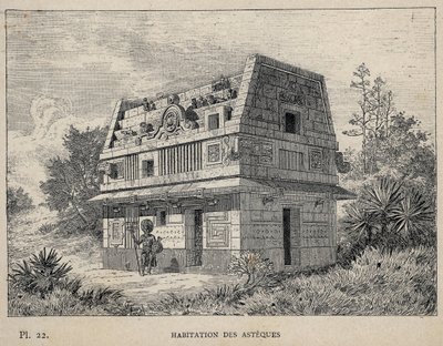Habitation des Asteques (Azteques) (nogle af aztekerne) - indgravering af 1889 i "History of human habitation at the Universal Exhibition of 1889, by Mr Charles GARNIER - Librairie centrale des beaux-arts Paris 1889 af Unknown artist
