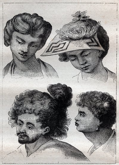 Frisurer af indbyggerne i Taiti (Tahiti) - illustration taget fra "De store søfolk i det 18. århundrede"" af Unknown artist