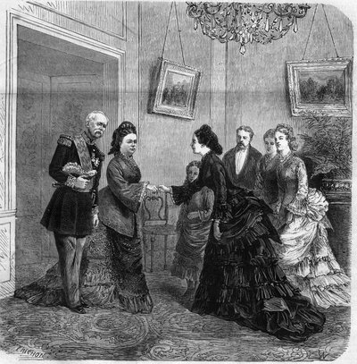 Håndholdt mellem Elisabeth de Mac Mahon (1834-1900) og den østrigske impress Elisabeth de Wittelsbach (1837-1898) (Sissi) under besøget af den franske republiks præsident Patrice de Mac-Mahon (1808-1893) i Østrig. 1875. Stik i „Universet af Unknown artist