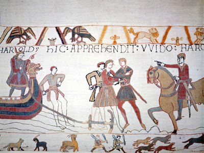 Harold II (1022 - 1066) landede i Normandiet, hvor han blev taget til fange af Vilhelm I Erobreren (1027 - 1087). Bayeux-tapet, kendt som Broderi af Dronning Mathilde af Unknown artist