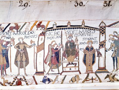 Harold II (1022 - 1066) blev udråbt til konge ved Edward Bekenderens død i 1066, men døde snart i slaget ved Hastings. Bayeux gobelin eller broderi af dronning Mathilde af Unknown artist