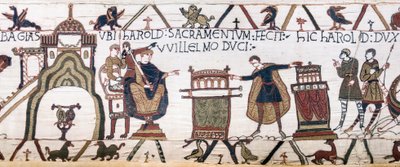 Harold sværger en hellig ed til William i Bayeux, Bayeux Tapestry (uldbroderi på hør) af Unknown artist