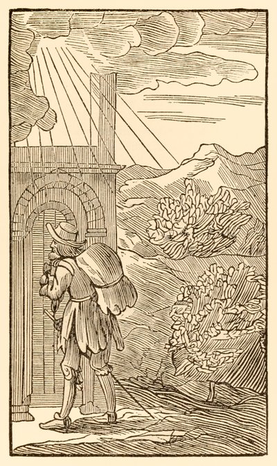 Den, der vil ind, skal først uden at stå og banke på porten... fra The Pilgrims Progress From This World, To That Who Is To Come af John Bunyan (1628-1688) Pilgrimmen når indgangen til af Unknown
