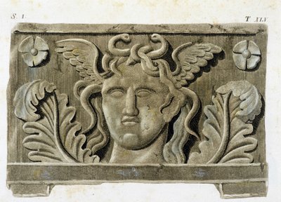 Hovedet af Medusa, en af de tre Gorgones, bas-relief af sten - i "Monumenti Etruschi"". af Unknown artist