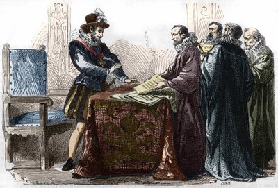 Henri IV (1553 - 1610) underskrev redigeringen af Nantes den 13. april 1598. af Unknown artist