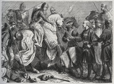 Henry III (Henry III Plantagenet of England) (1207-1272) er fanget af Simon V af Montfort (ca. 1208-1265) ved Lewes i Sussex 1264 - gravering 1864 af Unknown artist