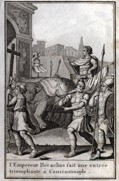 Heraclius I (Flavius Heraclius, Herakleios (ca. 575-610/641), byzantinsk kejser, gjorde en triumferende indgang til Konstantinopel. Han klatrede op på en vogn nået af fire elefanter og bragte det sande kors (det hellige kors), som var blevet taget, foran h af Unknown artist