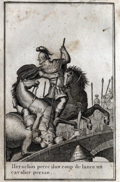 Heraclius I (Flavius Heraclius, Herakleios (ca. 575-610/641), byzantinsk kejser, spyd en persisk rytter (krig mod perserne), 7. århundrede. Indgravering i "Beaute de l