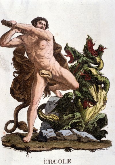 Hercules slår ned Lerna Hydra - gravering af Unknown artist