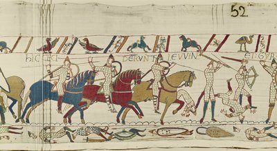 Her faldt Harolds brødre: Gyrth og Leofwine, Bayeux Tapestry (uldbroderi på hør) af Unknown artist