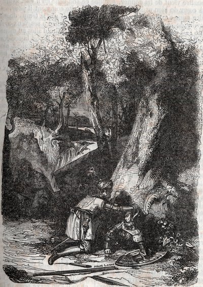 Hermonides væltet og reddet af Zerbin - 1851 gravering fra "" Furious Roland"" (Orlando furioso) (1500-tallet) af Ludovico Ariosto, kendt som Ariosta - Udgave oversat fra italiensk af greven af Tressan og udgivet af Gustave Harvard 1851 af Unknown artist