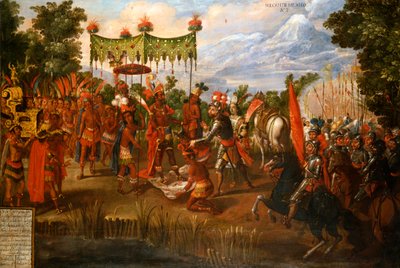 Hernan Cortes møder kejser Moctezuma af Unknown artist
