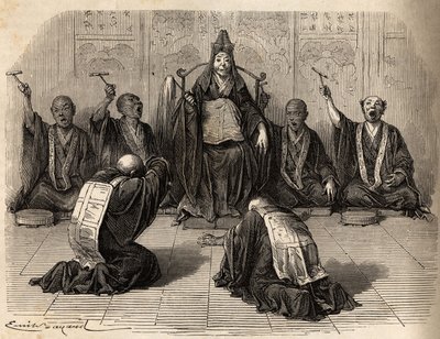 Højbuddhistisk præst bliver tilbedt, omgivet af sine disciple, der rytmerer ritualet med gong og cymbaler. Indgravering til illustration af rejsen til Japan i 1863-1864 af Aime Humbert, minister for Det Schweiziske Forbund, i "Le tour du monde, nouveau jou af Unknown artist