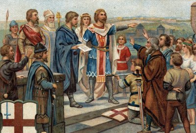 Historiske episoder af berømte byer: Alfred den Store (849-899) returnerer London til sine tidligere indbyggere (886), "Freden for Alfred og Guthrum" markerede angelsaksernes sejr mod danskerne (= viking). Kromolitografi af det 19. århundrede. af Unknown artist