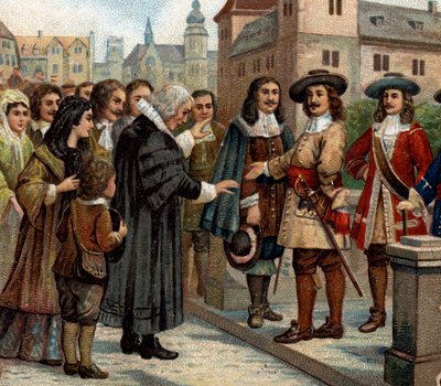 Historiske episoder af berømte byer: Storkurfyrsten, Frederik Vilhelm I af Brandenburg (1620-1688), modtog franske emigranter i Berlin (1685). Han bød velkommen til franske protestanter, som efter tilbagekaldelsen af Nantes Edit havde forladt Frankrig. Det af Unknown artist
