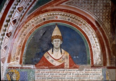 Historien om den hellige Frans af Assisi: repræsentation af pave Innocenzo III, der viser boblen, der bekræfter det franciskanske styre i 1210 (fresko) af Unknown artist