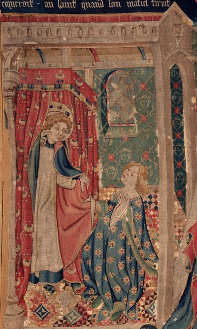 Historien om Saint Piat og Saint Eleuthère, Scene 11: Sankt Eleuthères fristelser (Tribunedatteren skal dø, så hun ikke kan opnå den vanvittige kærlighed, som helgenen kræver, når hans kappe trækker). Detalje. af Unknown artist