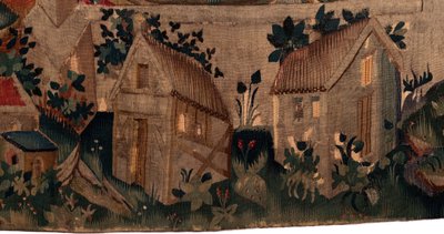 Historien om Saint Piat og Saint Eleuthère, Scene 7 dåb af de eksilkristne, Detalje nederst. To huse. af Unknown artist